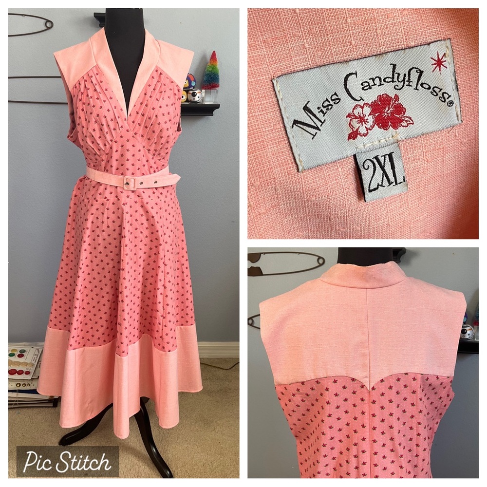 Miss Candyfloss Rufina Swing Pink Corduroy Floral Print Fit And Flare Dress 2XL